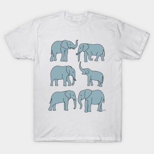 Elephants Line Art - Gray Blue T-Shirt